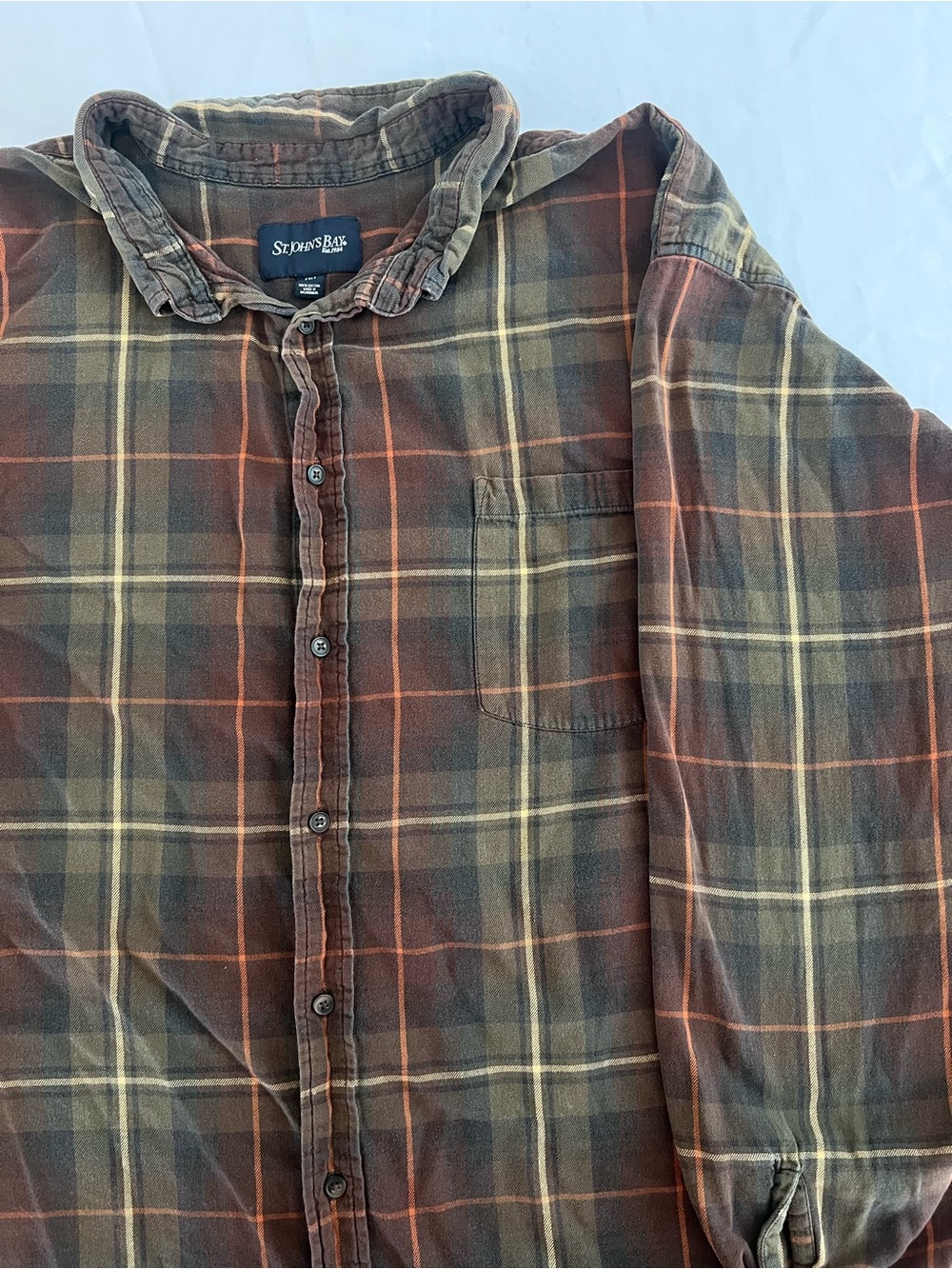 St. John's Bay 100% Cotton Brown Plaid Button-Down with Orange & Cream Stripes